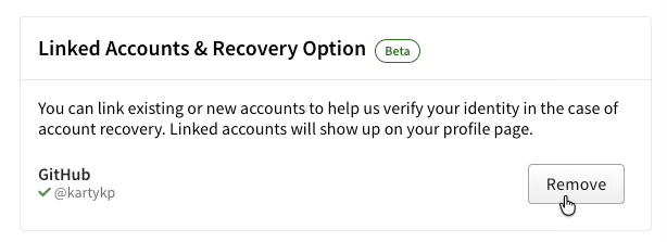 Screenshot of linking from Account Setting with a cursor hovering over remove button